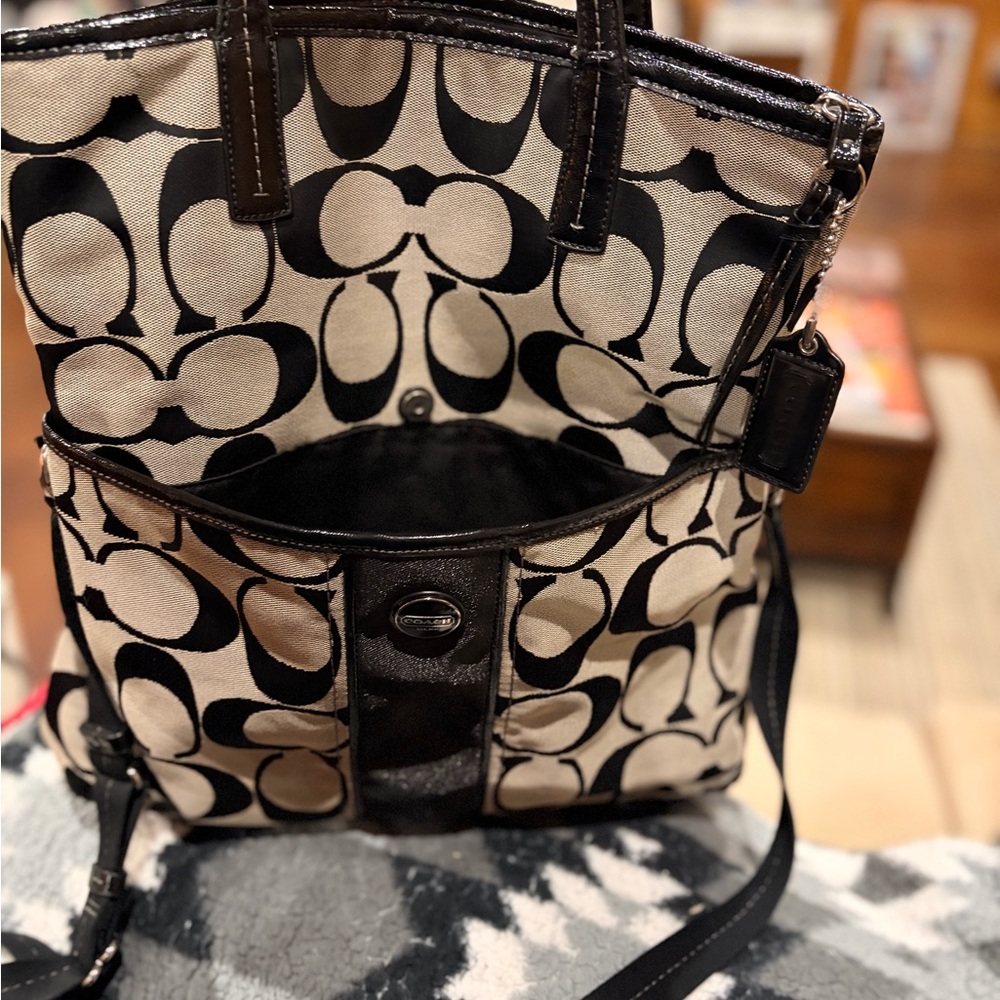 Coach Black and Cream Signature Canvas Tote with Leather Trim